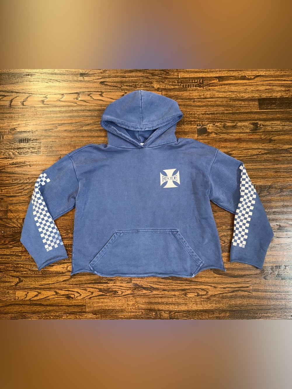 Rhude Cropped Checkerboard Hoodie Vintage Blue Size Large MSRP $695